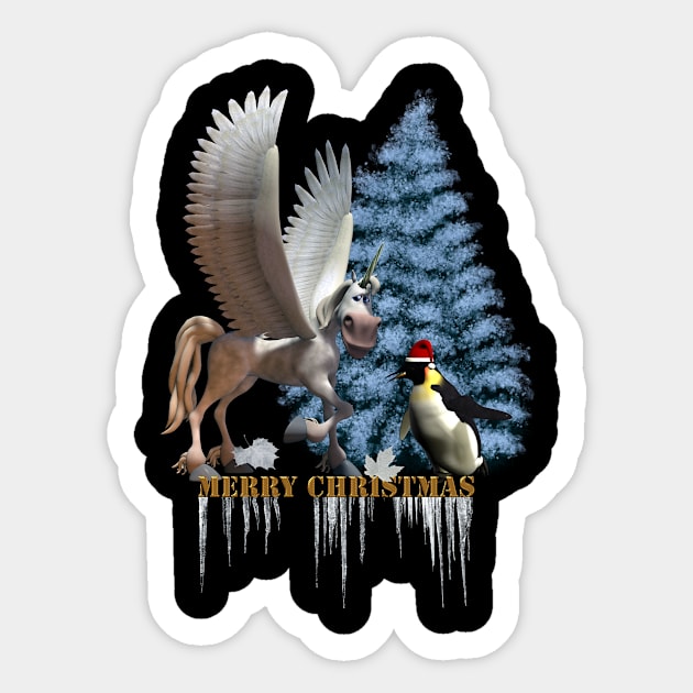 Merry christmas, funny pegasus with penguin Sticker by Nicky2342